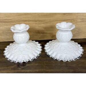 Vtg Pair Fenton Milk Glass Silver Crest Spanish Lace Candle Holder Candlestick